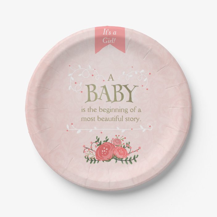 Storybook Paper Plates Baby shower Girl Pink Gold