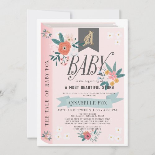 Storybook Pink Floral Girl Drive_by Baby Shower Invitation