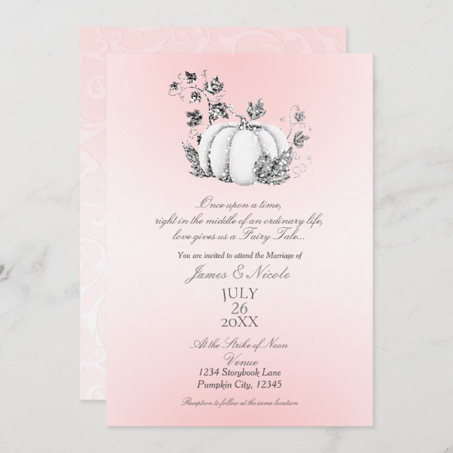 Storybook Pink & Silver Pumpkin Fairy Tale Wedding Invitation (Front/Back)