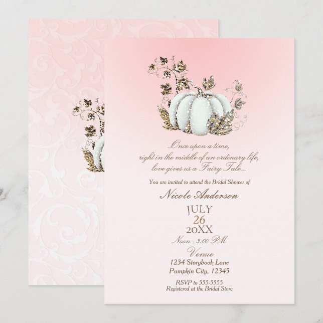 Storybook Pink White Pumpkin Fairy Tale Bridal Invitation (Front/Back)