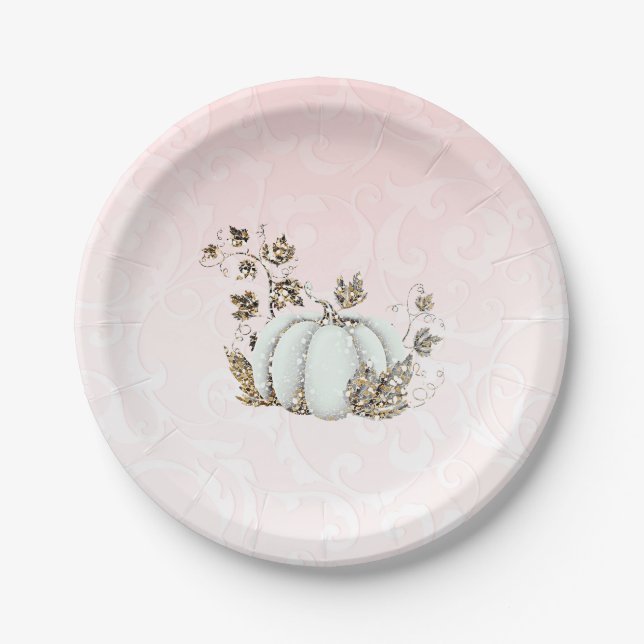 Storybook Pink & White Pumpkin Fairy Tale Party Paper Plates (Front)
