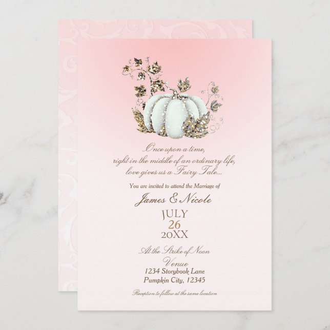 Storybook Pink & White Pumpkin Fairy Tale Wedding Invitation (Front/Back)