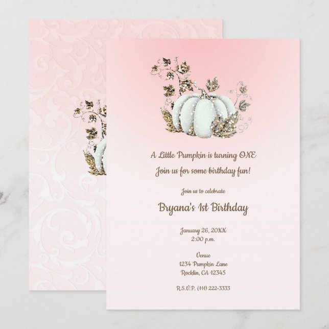 Storybook Pink White Pumpkin Fairytale 1st Invitation (Front/Back)