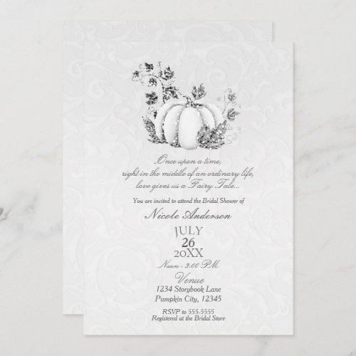 Storybook Silver White Pumpkin Fairy Tale Bridal Invitation