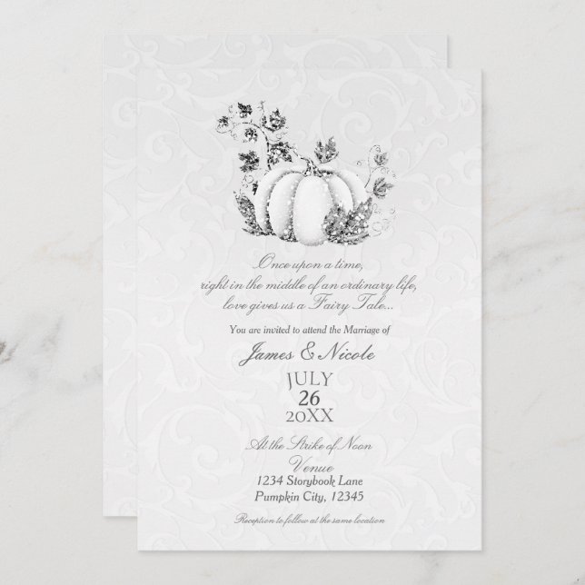 Storybook Silver White Pumpkin Fairy Tale Wedding Invitation (Front/Back)