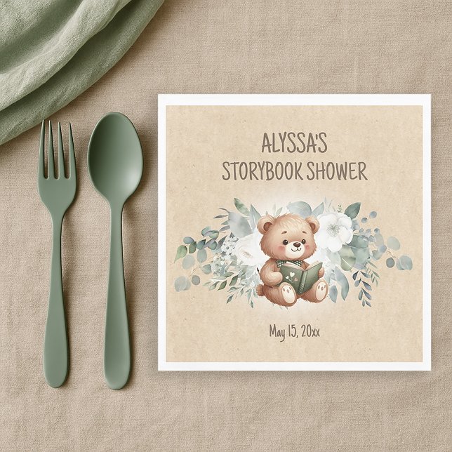 Storybook Teddy Bear Greenery Baby Shower Welcome Napkins (Storybook teddy bear baby shower paper napkins)