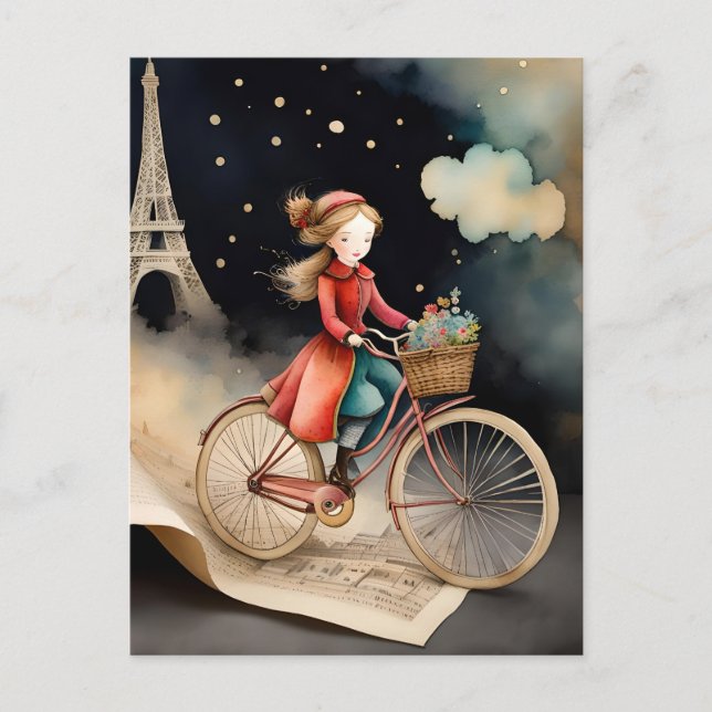 Storybook Watercolor Paris Bicycle Ride Postcard (Front)
