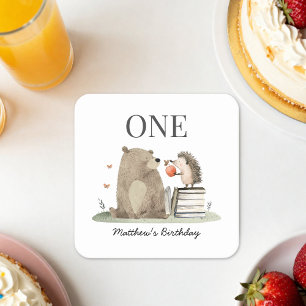 Storybook Woodland Animals Birthday Square Paper Coaster