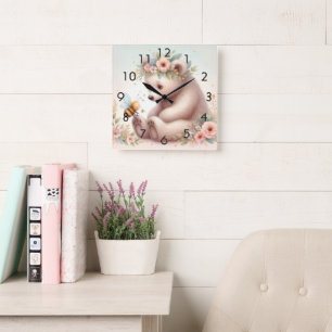 Storybook Woodland Babies Bear And Bee Square Wall Clock