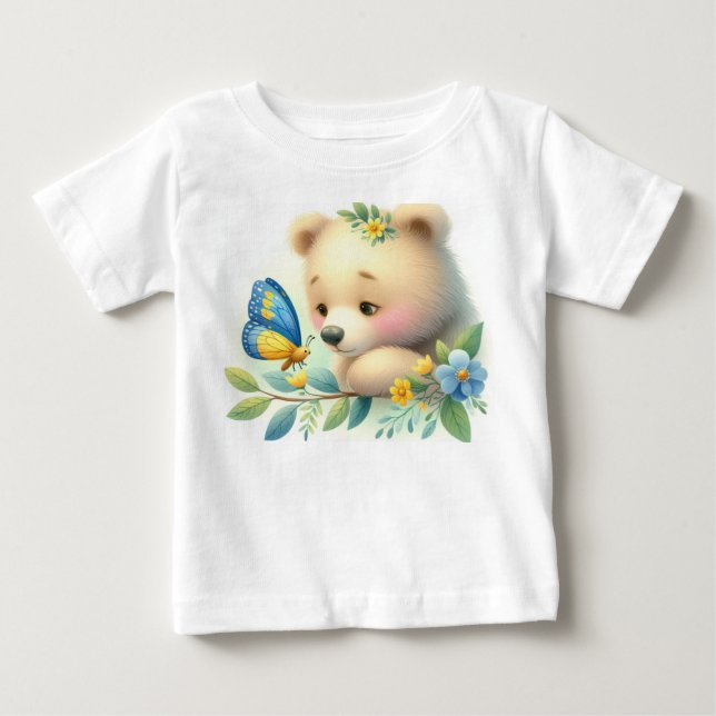 Storybook Woodland Babies Bear And Butterfly Baby T-Shirt (Front)