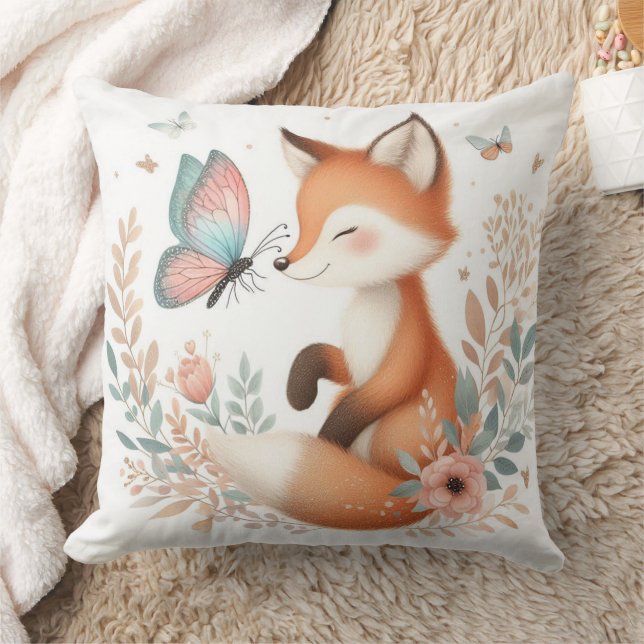 Storybook Woodland Babies Fox And Butterfly Throw Pillow (Blanket)