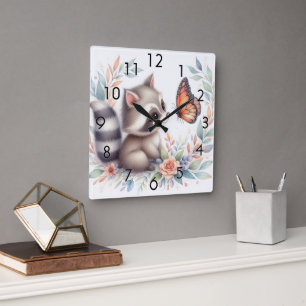 Storybook Woodland Babies Raccoon And Butterfly Square Wall Clock