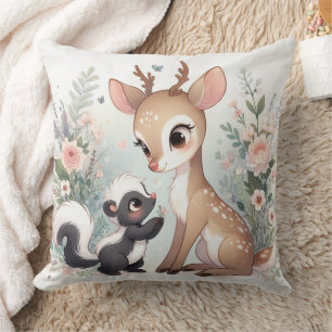 Storybook Woodland Babies Skunk And Deer Throw Pillow