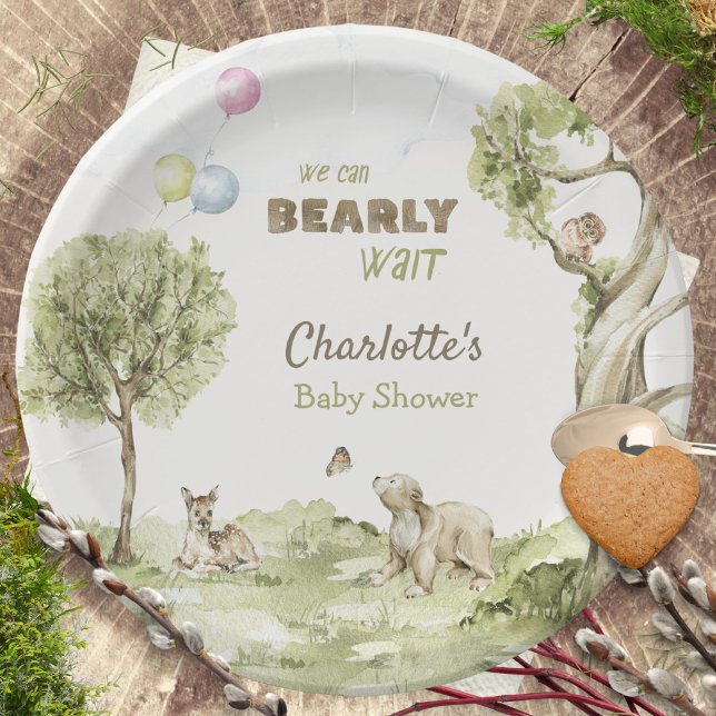 Storybook Woodland Bearly Wait Baby Shower Paper Plates (Watercolor Woodland Bearly Wait Baby Shower Napkins ©Susanne Sachers - Sunny Mind 🌞)
