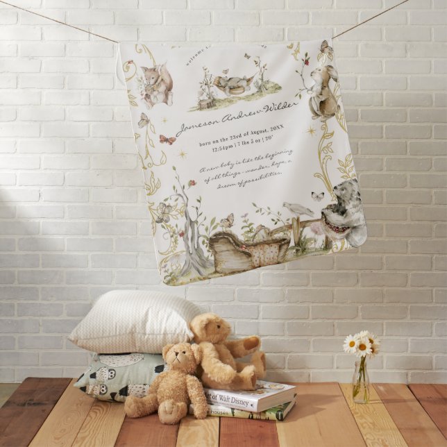 Storybook | Woodland Forest Birth Stats  Baby Blanket (In Situ)