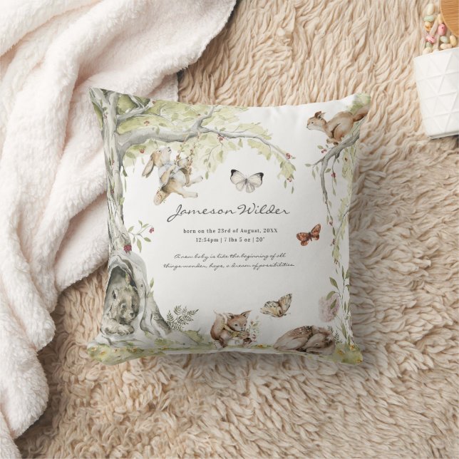 Storybook | Woodland Forest Birth Stats Throw Pillow (Blanket)