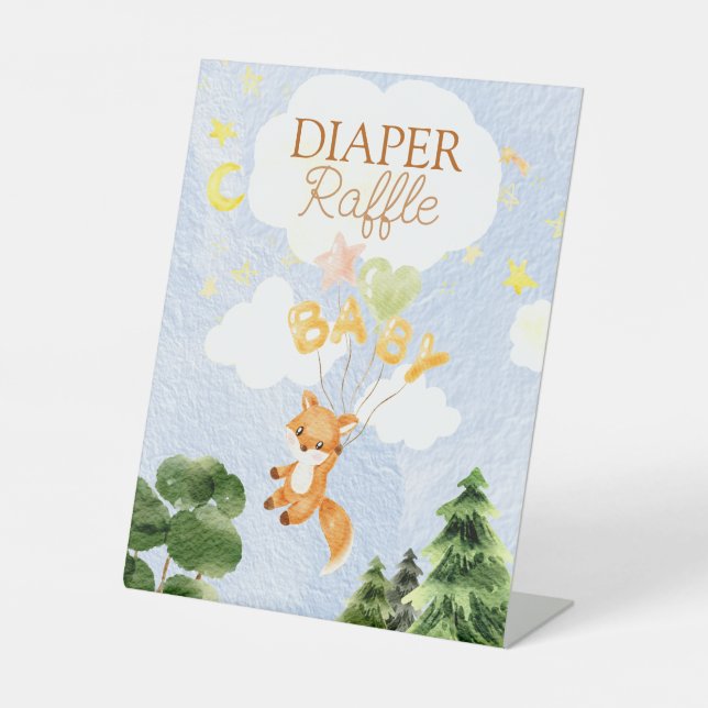 Storybook Woodland Fox Baby Shower Diaper Raffle Pedestal Sign (Front)