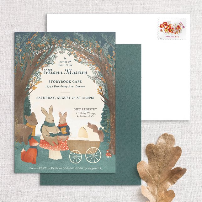 Storybook Woodland Friends Baby Shower Invitation (Woodland Storybook Baby Shower Invitation, front and back, along with envelope)