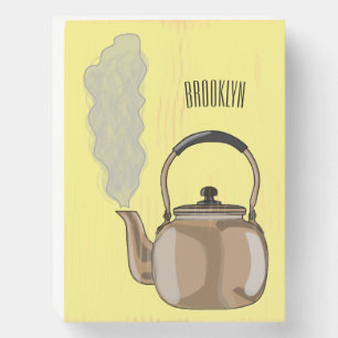 Stovetop or hob kettle cartoon illustration  wooden box sign