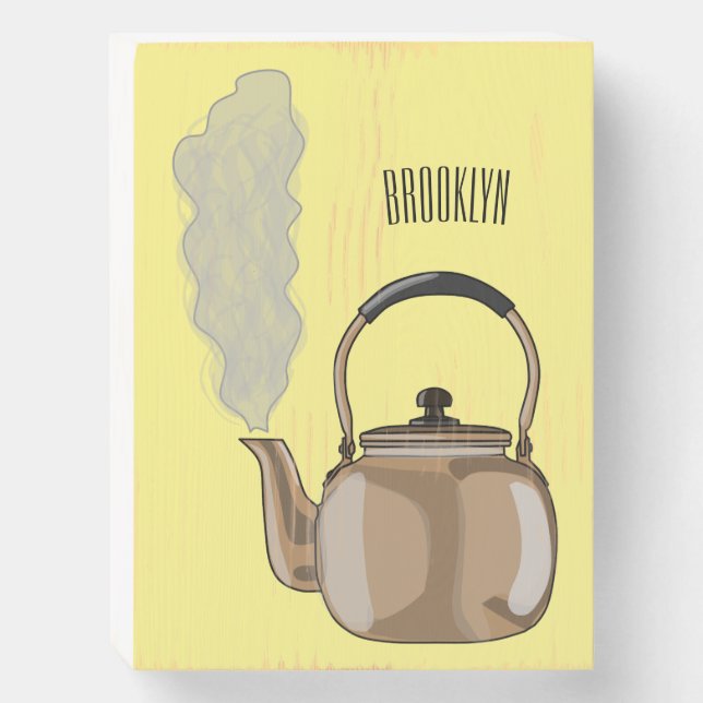 Stovetop or hob kettle cartoon illustration  wooden box sign (Front Vertical)