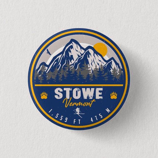 Stowe Mountain Vermont Retro Sunset Ski Souvenir Button (Front)