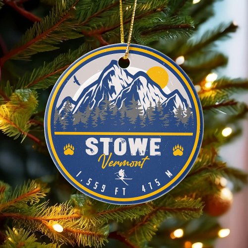 Stowe Mountain Vermont Retro Sunset Ski Souvenir Ceramic Ornament