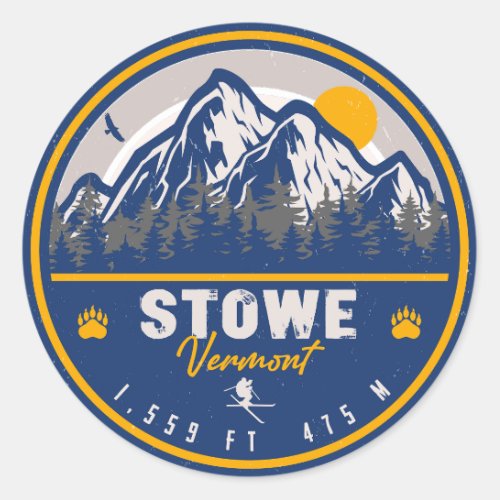 Stowe Mountain Vermont Retro Sunset Ski Souvenir Classic Round Sticker