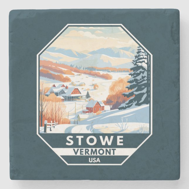 Stowe Vermont Winter Vintage Stone Coaster (Front)