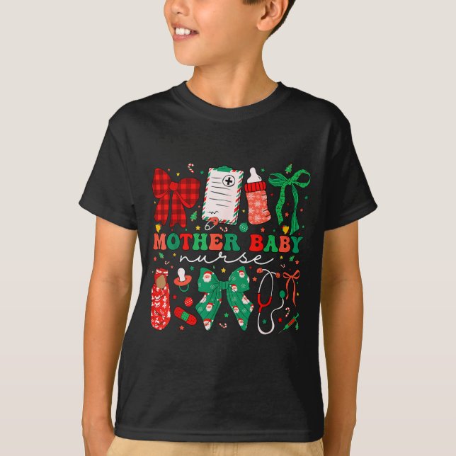 Stpartum Xmas Coquette Mother Baby Nurse Christmas T-Shirt (Front)