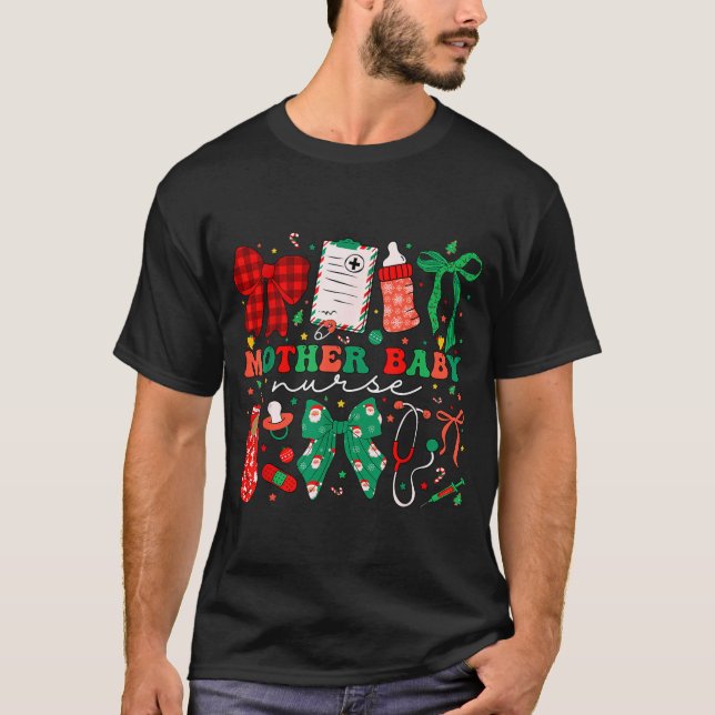 Stpartum Xmas Coquette Mother Baby Nurse Christmas T-Shirt (Front)