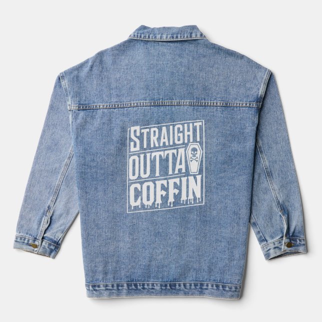 Straight Outta Coffin Funny Vampire Halloween Puns Denim Jacket (Back)