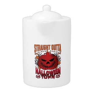 Straight Outta Halloween Town Red Pumpkin Ghosts L Teapot