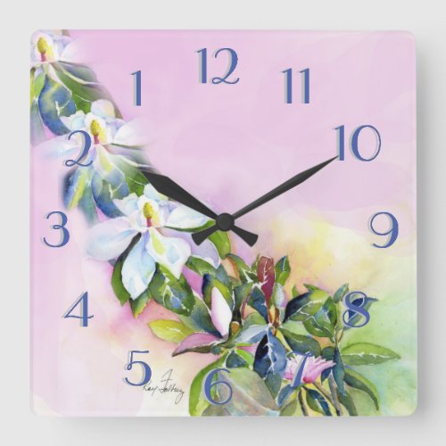 Strand of Flowers Framed in Black Backward Numbere Square Wall Clock