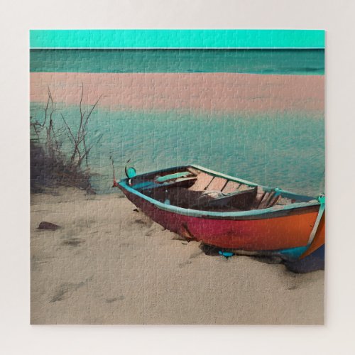 Stranded Boat on a Sandy Beach  AI Generated Art Jigsaw Puzzle