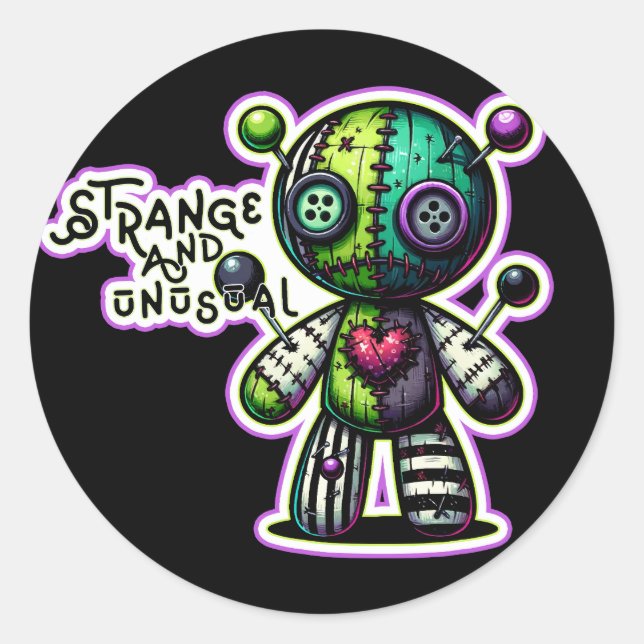Strange and Unusual Purple Green Heart Voodoo Bear Classic Round Sticker (Front)