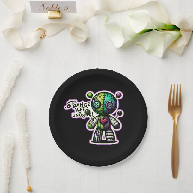 Strange and Unusual Purple Green Heart Voodoo Bear Paper Plates (Wedding)