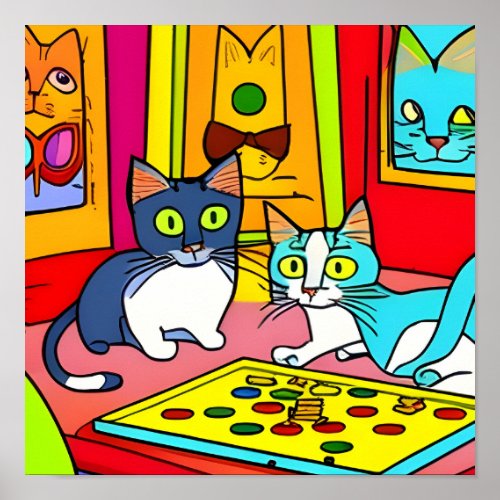 Strange Cats playing Board Games Poster