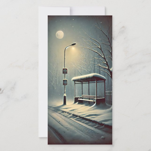 Strange Dark City Bus Stop Snowy Winter Night Card (Front)