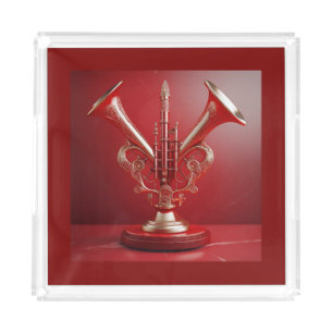 Strange Horn Instrument Resting On Pedestal Acrylic Tray
