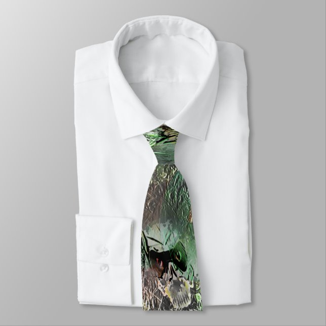 Strange texture in gray green with abstract skull  neck tie (Tied)