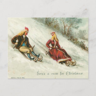 Strange Vintage Chickens Sledding Christmas Holiday Postcard