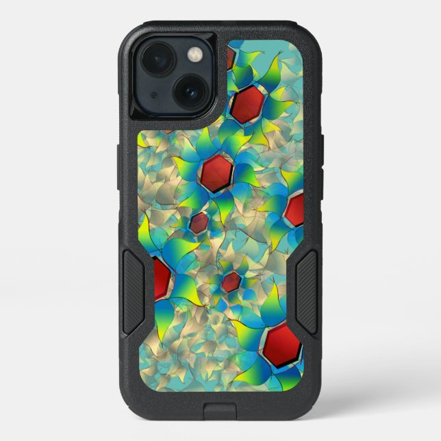 Strange virtual flowers, bluish petals upon teal otterbox iPhone case (Back)