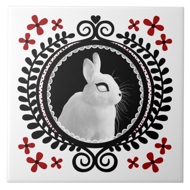 Strange White Bunny: White, Black & Red  Ceramic Tile (Front)