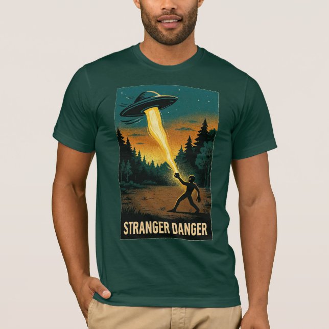 Stranger Danger – Retro Sci-Fi Forest Scene T-Shirt (Front)