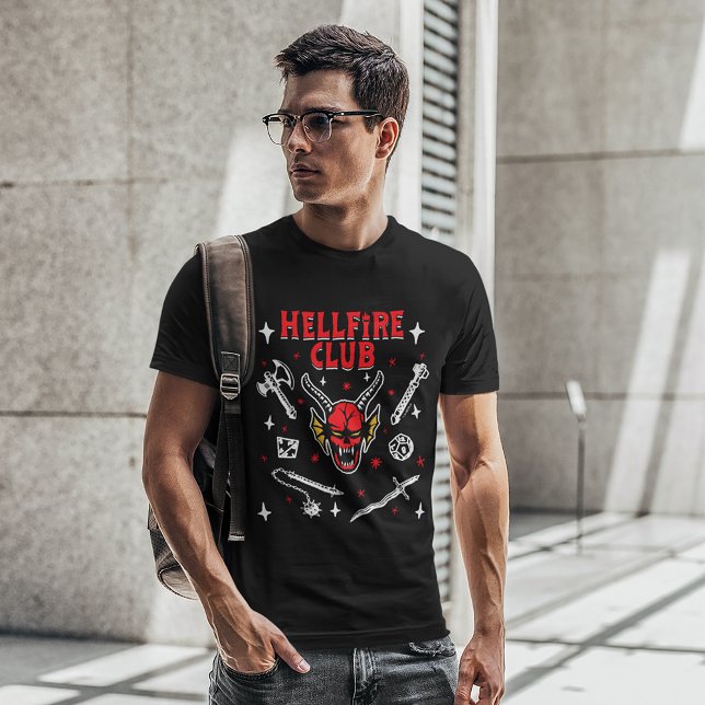 Stranger Things Hellfire Club Icon Collage T-Shirt (Man wearing shirt)