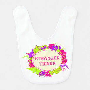 Stranger thinks quote in 80s tv show style baby bib