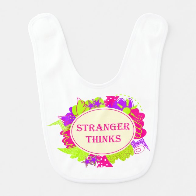Stranger thinks quote in 80s tv show style baby bib (Front)