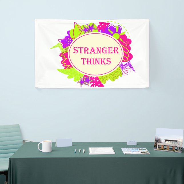 Stranger thinks quote in 80s tv show style banner (Tradeshow)
