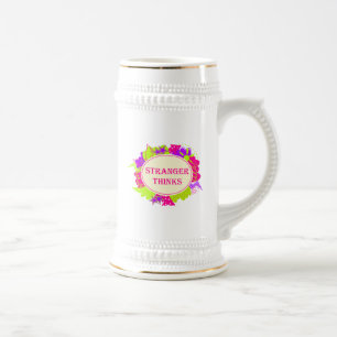 Stranger thinks quote in 80s tv show style beer stein