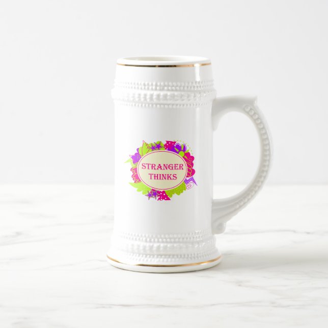 Stranger thinks quote in 80s tv show style beer stein (Right)